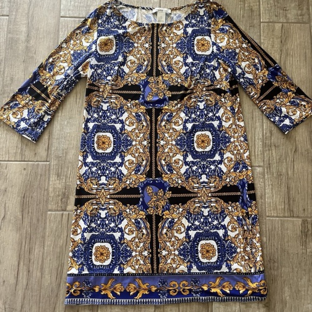 Laundry by Design Women Blue Gold Baroque Print Shift Dress Size L‎ 3/4 Sleeve